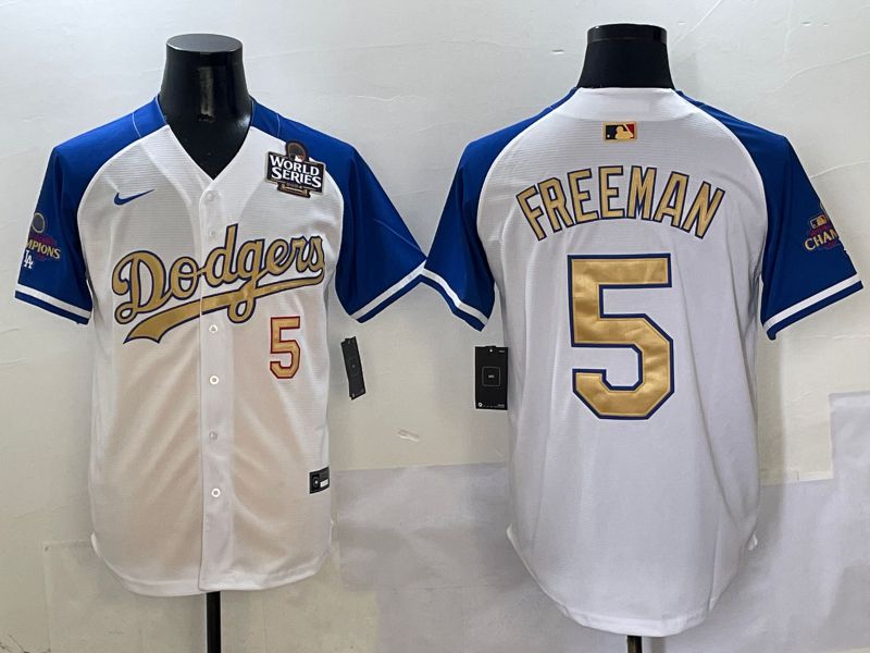 Men Los Angeles Dodgers 5 Freeman White Blue Gold Game 2025 Nike MLB Jersey style 3